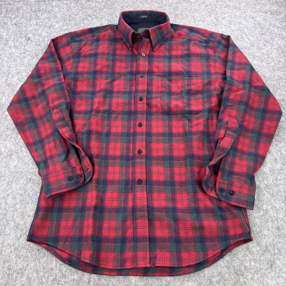Pendleton Shirt Mens Medium Red Green Plaid Button Down Fireside Virgin Wool